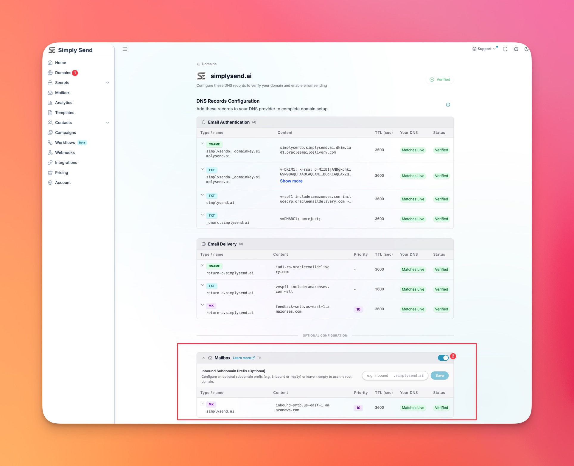 Simply Send domain DNS configuration with the Mailbox toggle enabled and its inbound MX record verified.